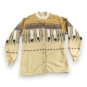 Vintage Native American Sweater Womens MEDIUM Brown Sweatshirt Feathers USA 90s